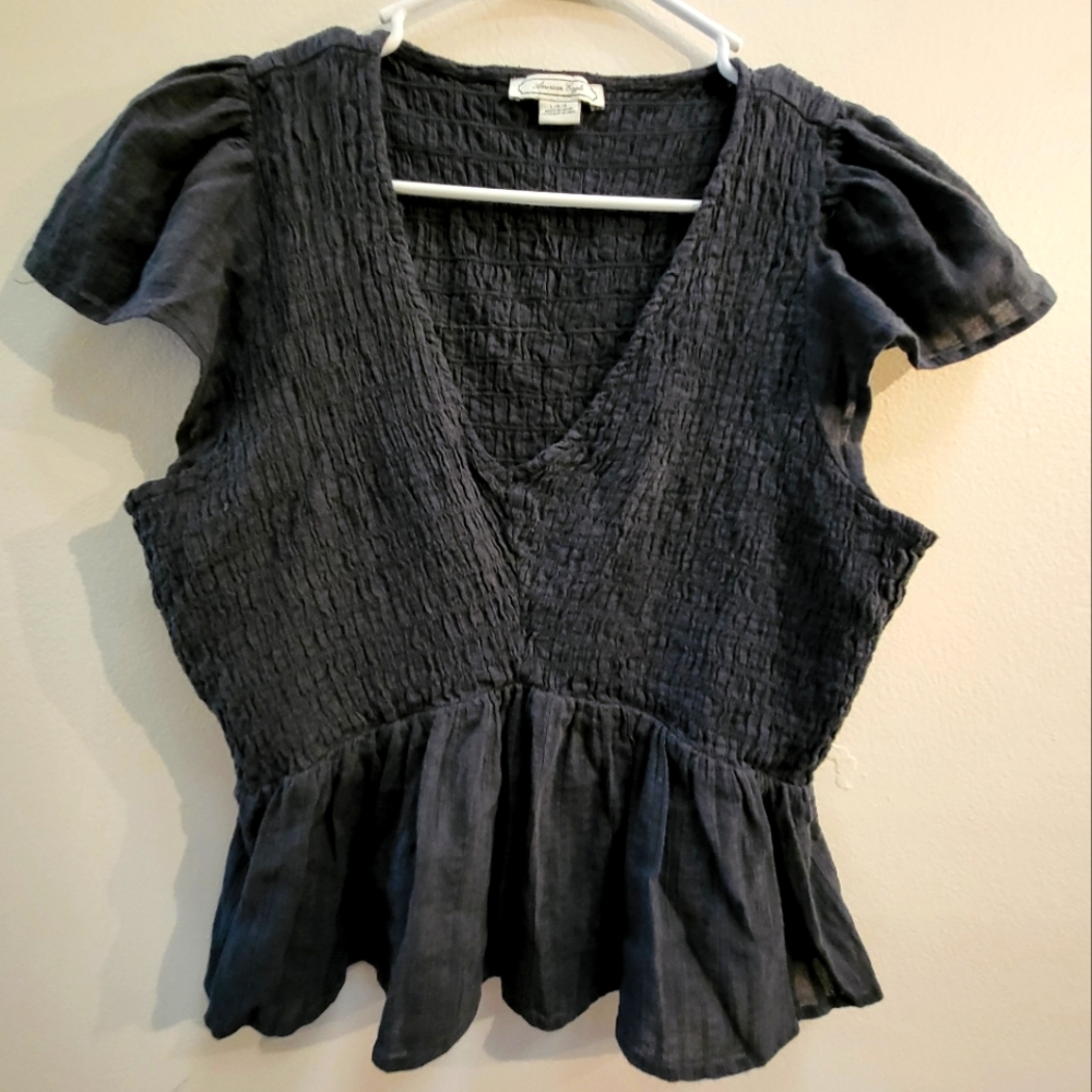 American Eagle Womens Black V-neck Smocked Babydoll Blouse Large